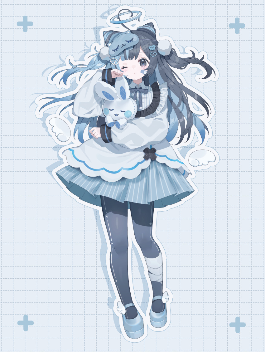 1girl, absurdres, bandaged_leg, bandages, bandaid, bandaid_on_face, black_hair, black_pantyhose
