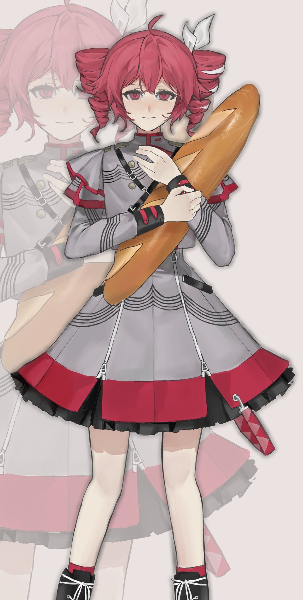 1girl, baguette, black_shoes, bread, breasts, closed_mouth, cowboy_shot, dress