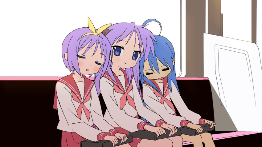 3girls, blue_hair, closed_eyes, highres, hiiragi_kagami, hiiragi_tsukasa, izumi_konata, long_hair