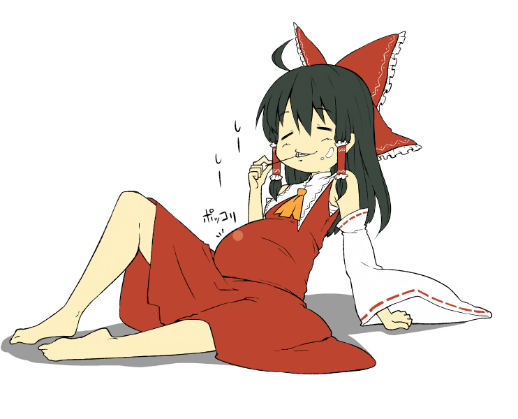 ahoge, arm_support, ascot, barefoot, belly, bow, detached_sleeves, feet