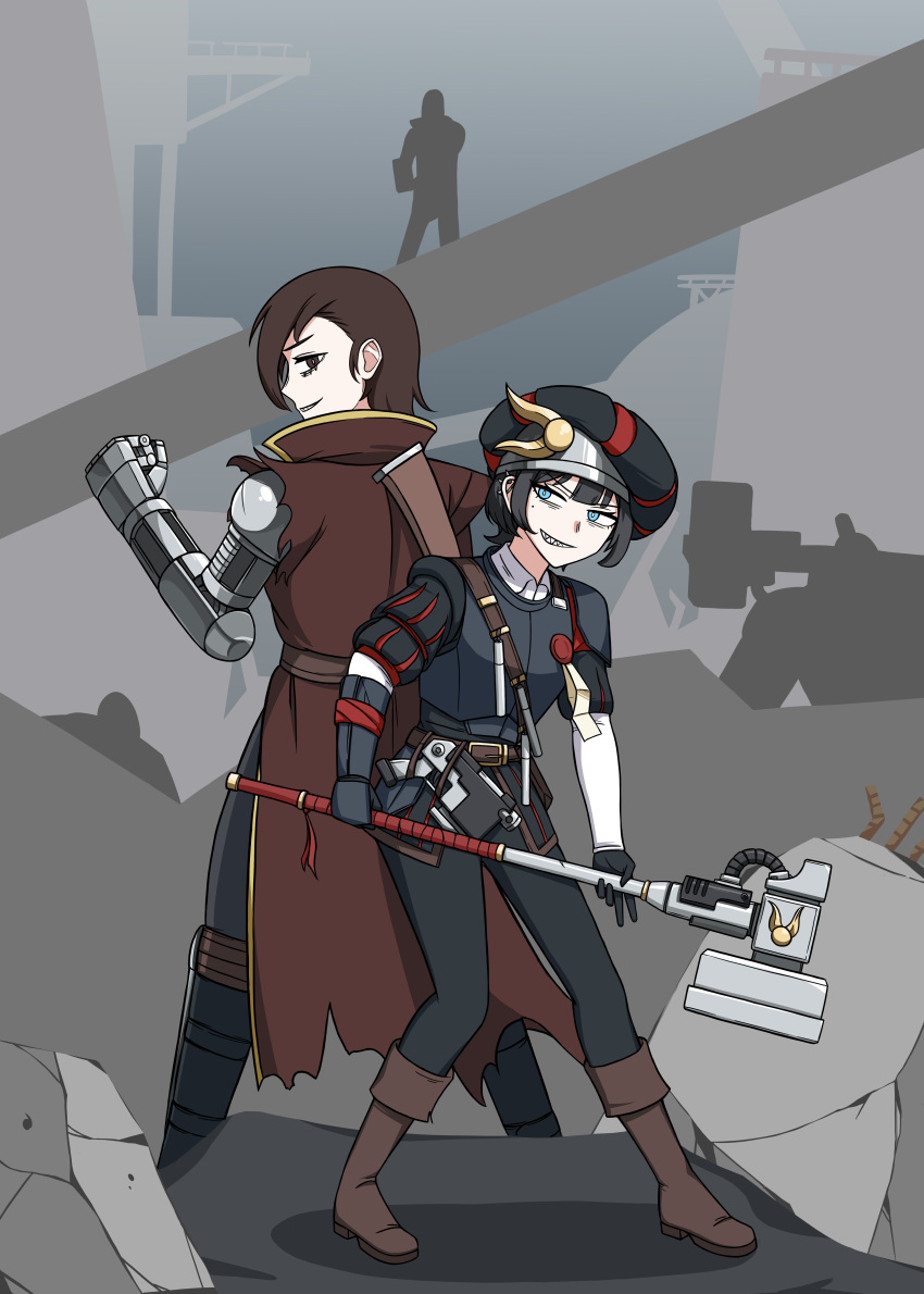 1girl, 2girls, absurdres, armor, back-to-back, black_hair, black_pants, bolt_pistol, boots, brown_boots, brown_coat, brown_eyes, brown_hair, coat, comet, crossover, ear_piercing, empire_(warhammer_fantasy), fangs, grey_eyes, highres, holding, landsknecht, mp_sg, multiple_girls, original, pants, piercing, prosthesis, prosthetic_arm, purity_seal, short_hair, smile, thunder_hammer, tomboy, tomboy_nuln_mercenary_(mp_sg), warhammer_40k, warhammer_fantasy, weapon