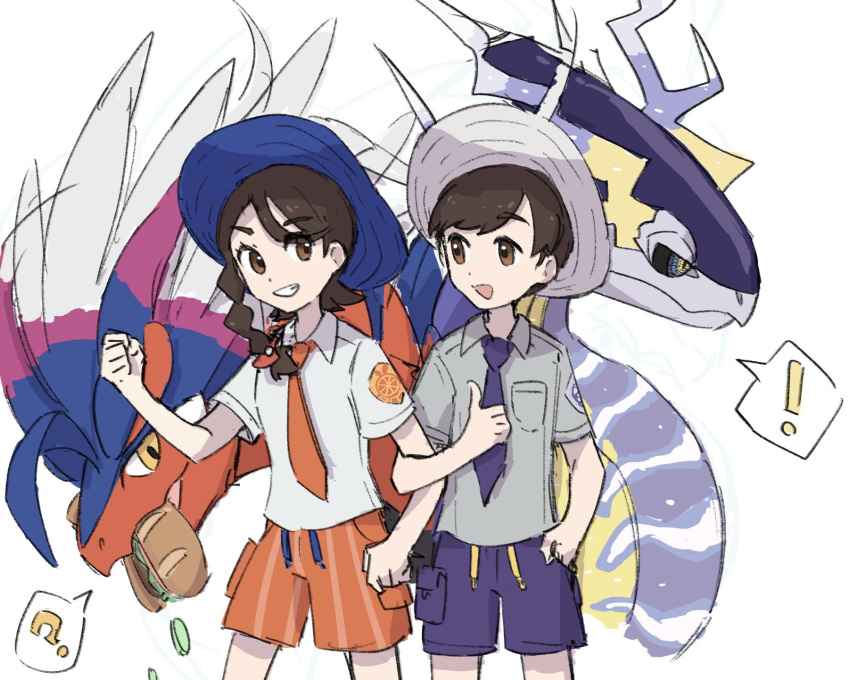 !, 1boy, 1girl, ?, blue_hat, braid, brown_eyes, brown_hair