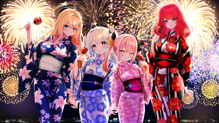 4girls, absurdres, aerial_fireworks, ahoge, akatsuki_hotaru, alternate_costume, aw_works703, black_bow