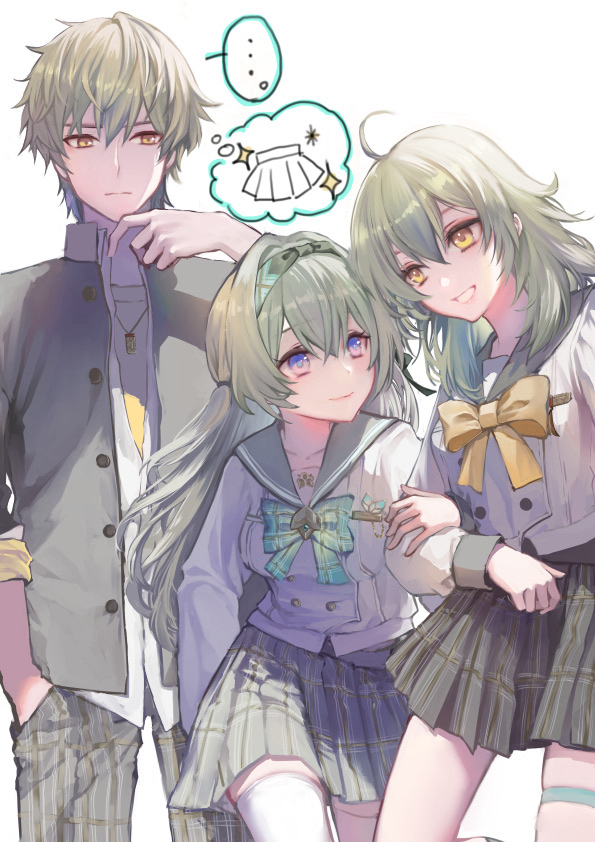 ..., 1boy, 2girls, alternate_costume, bow, bowtie, buttons, caelus_(honkai:_star_rail)