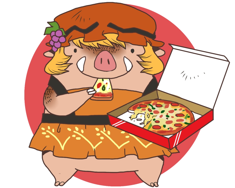 1girl, aki_minoriko, apron, boar_girl, closed_mouth, commentary_request, eating, food