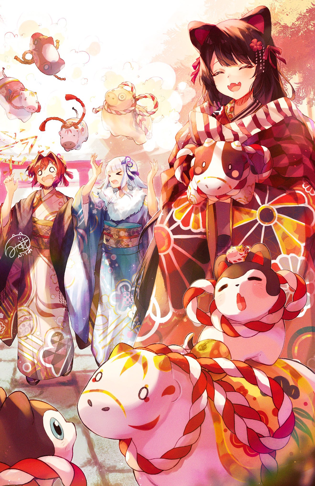 >_<, 3girls, :3, :d, ^_^, alternate_costume, ange_katrina, animal, animal_ears, banken_(inui_toko), blank_eyes, blue_kimono, brown_hair, chinese_zodiac, closed_eyes, commentary_request, cow, dog_ears, dog_girl, fangs, floating_animal, flower, hair_flower, hair_intakes, hair_ornament, hair_ribbon, highres, holding, holding_animal, inui_toko, japanese_clothes, kimono, kouhaku_nawa, light_blush, lize_helesta, long_hair, long_sleeves, mizuki_fua, multicolored_kimono, multiple_girls, new_year, nijisanji, obi, obiage, obidome, obijime, open_mouth, outdoors, print_kimono, red_hair, red_ribbon, ribbon, rope, sanbaka_anniversary_outfit, sash, sebastian_piyodore, shimenawa, short_hair, signature, sky, smile, standing, stone_floor, torii, very_long_hair, virtual_youtuber, white_hair, white_kimono, white_sky, year_of_the_ox