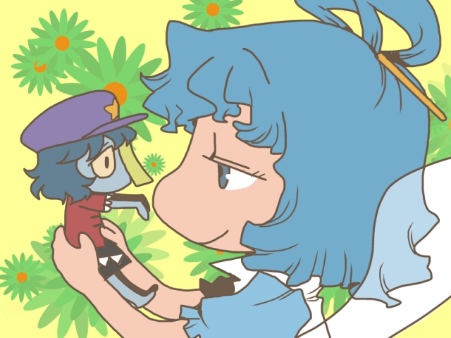 2girls, black_skirt, blue_eyes, blue_hair, closed_mouth, colored_skin, commentary_request, floral_background