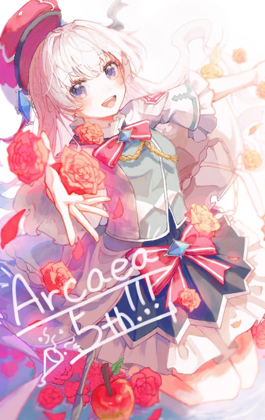 1girl, :d, aiguillette, anniversary, apple, arcaea, black_skirt, blue_eyes