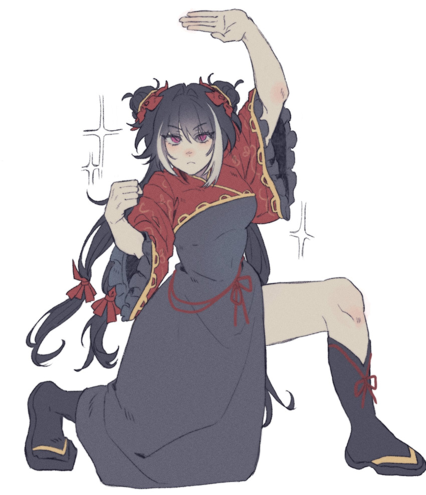 1girl, black_boots, black_hair, boots, china_dress, chinese_clothes, clenched_hand, double_bun