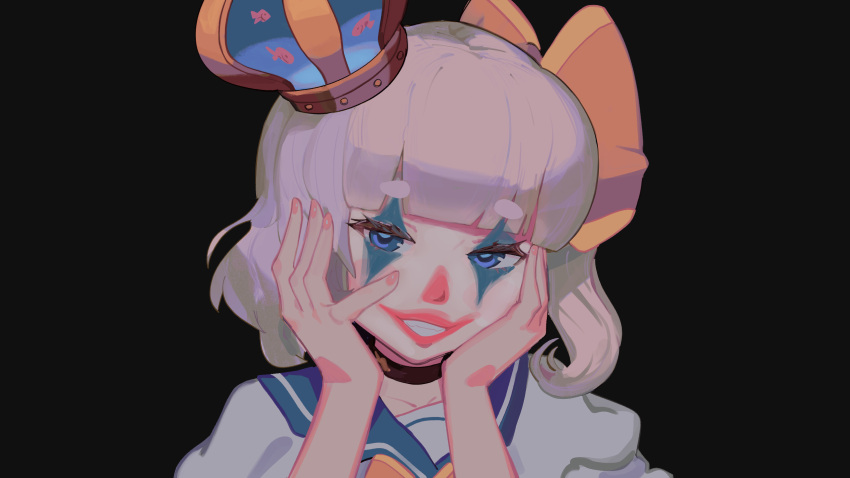 1girl, black_background, black_choker, blue_eyes, blunt_bangs, bow, choker, crown
