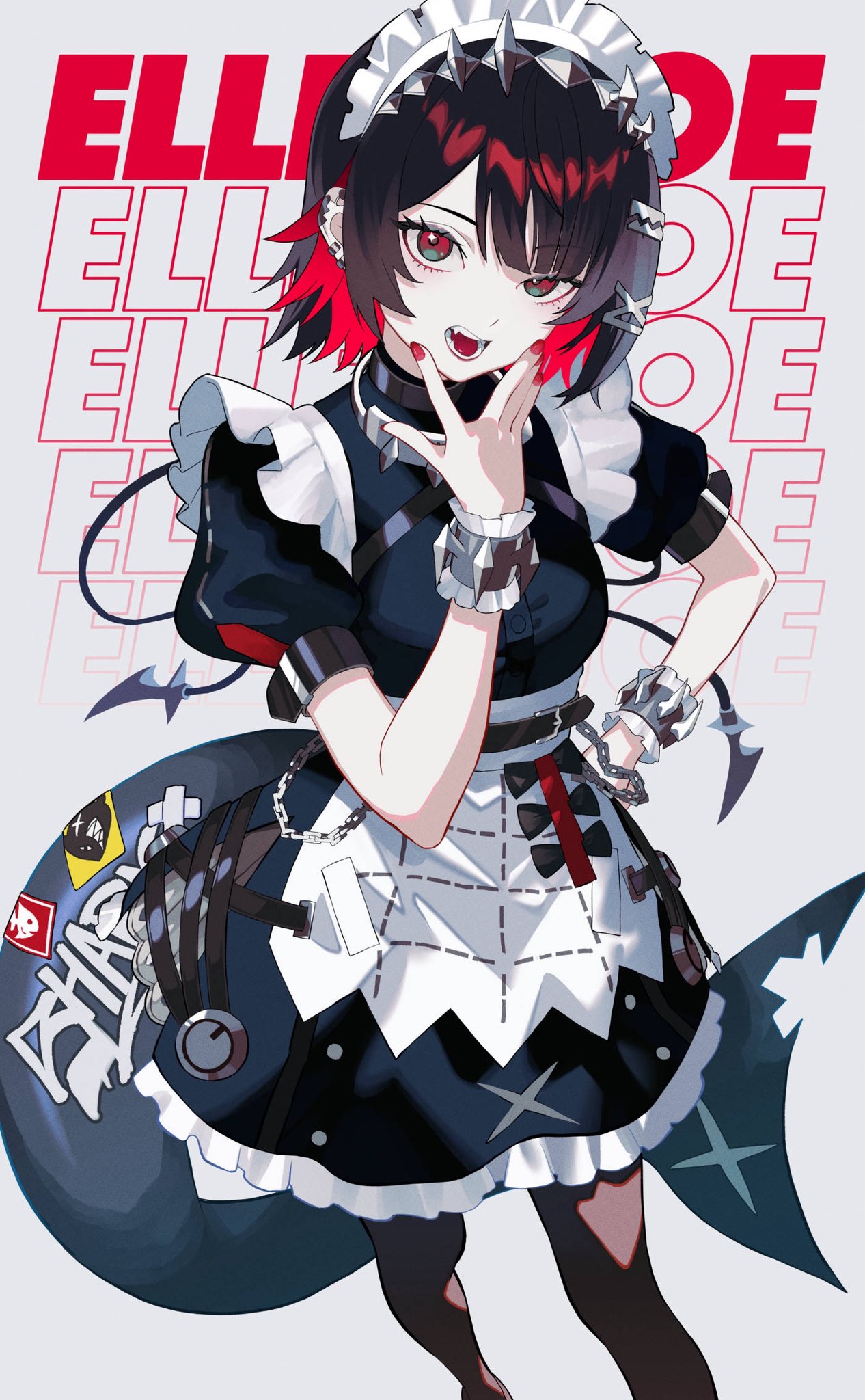 1girl, apron, bandaid, bandaid_on_tail, black_bow, black_choker, black_dress, black_hair