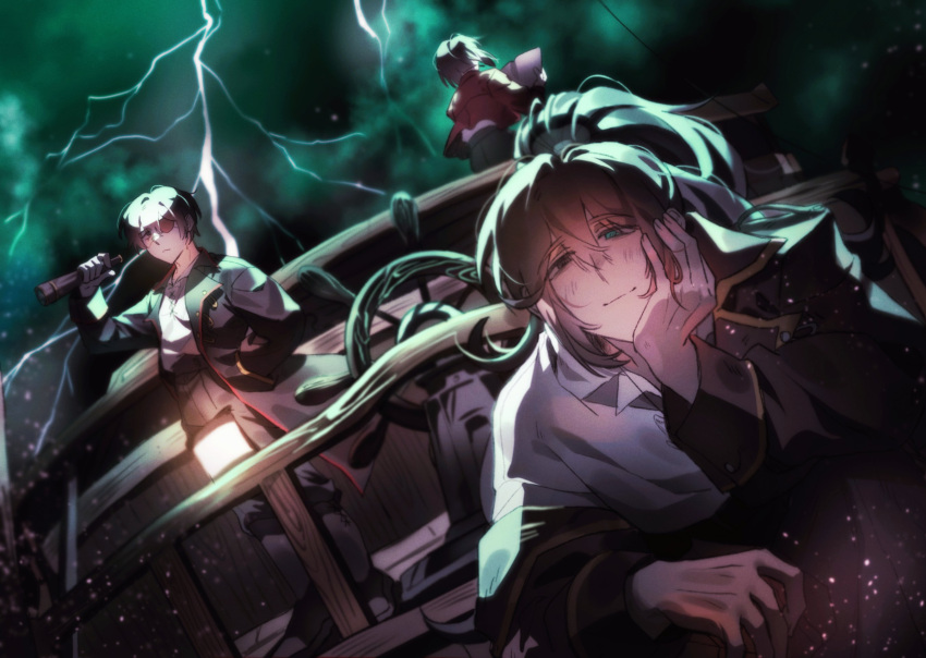 1other, 2boys, against_railing, alternate_costume, black_coat, black_eyes, black_hair, character_request