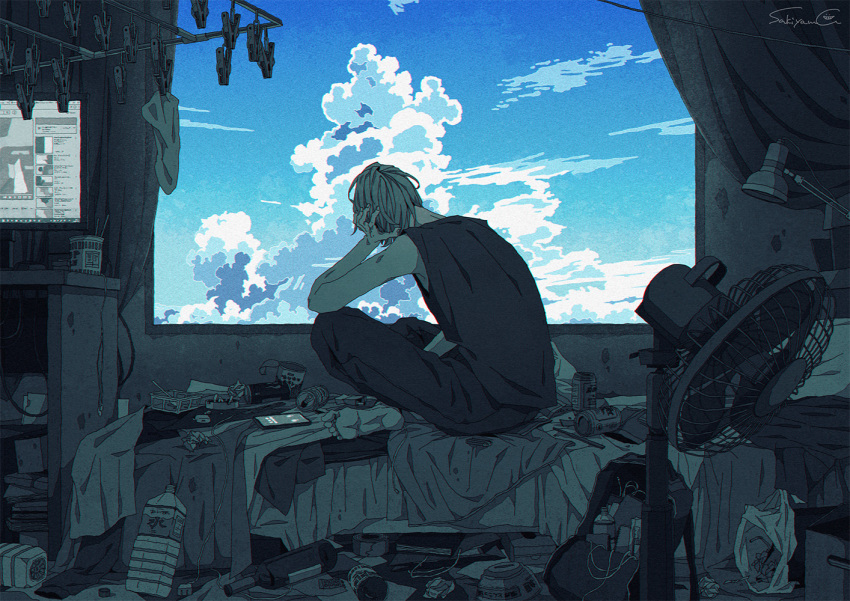 1boy, ashtray, back, bag, bed, bed_sheet, beer_can, blue_sky