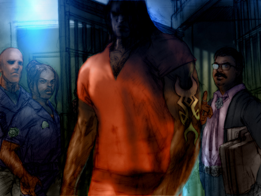 1girl, 3boys, arm_tattoo, craig_marduk, game_cg, kawano_takuji, long_hair, multiple_boys
