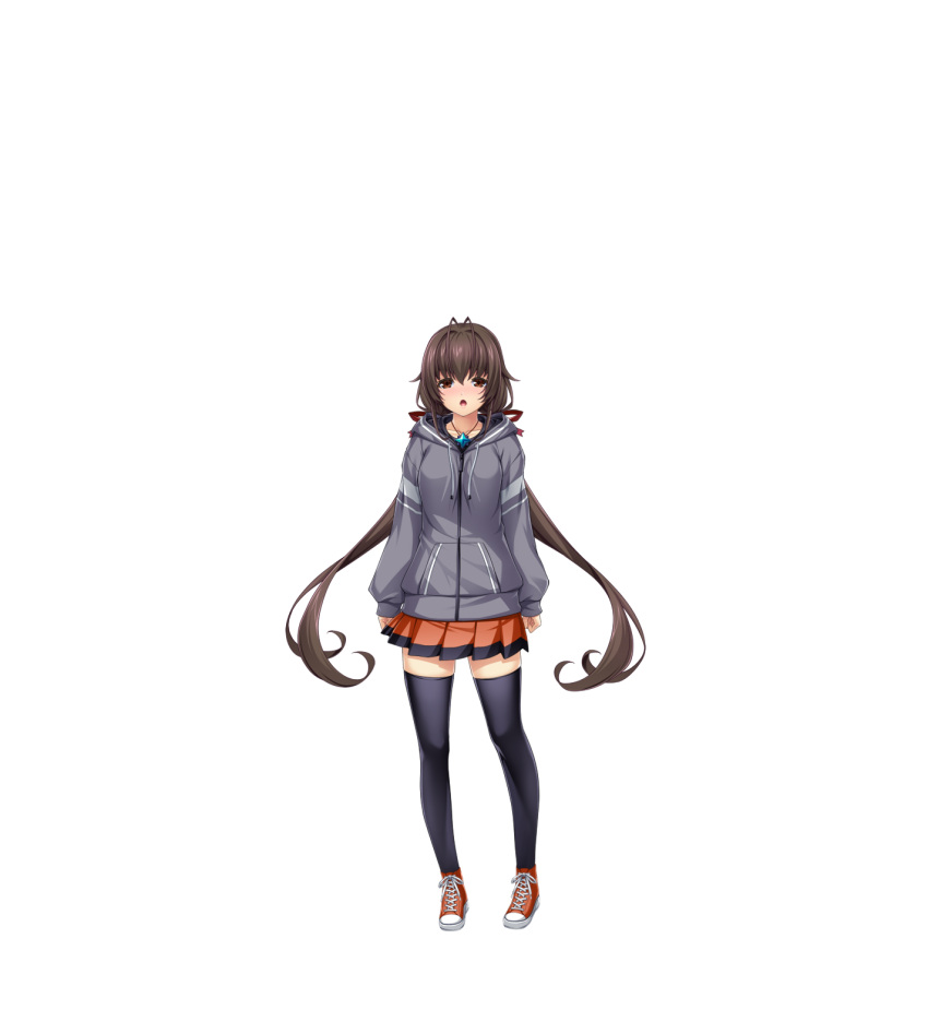 1girl, :o, antenna_hair, arms_at_sides, black_thighhighs, blush, brown_eyes, brown_hair