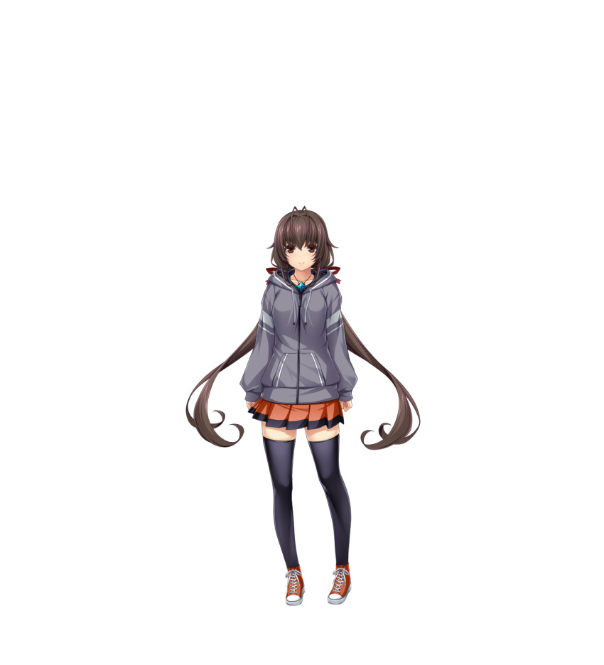 1girl, black_thighhighs, brown_eyes, brown_hair, casual, closed_mouth, full_body, game_cg