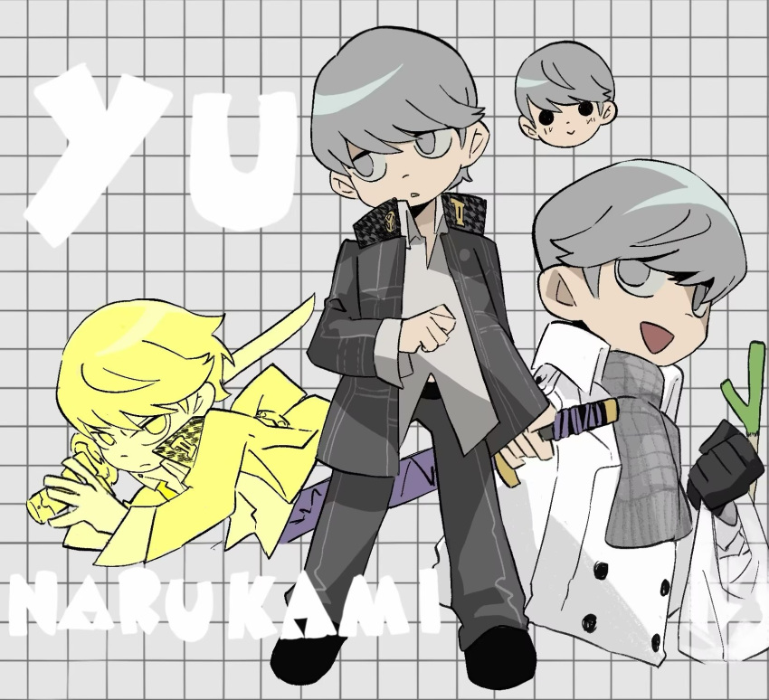 1boy, bag, food, grey_hair, hamusitas, highres, holding, holding_bag, holding_sword, holding_weapon, male_focus, narukami_yu, persona, persona_4, school_uniform, scott_pilgrim_(series), scott_pilgrim_takes_off, scott_pilgrim_takes_off_(style), sword, vegetable, weapon, winter_clothes, yasogami_school_uniform