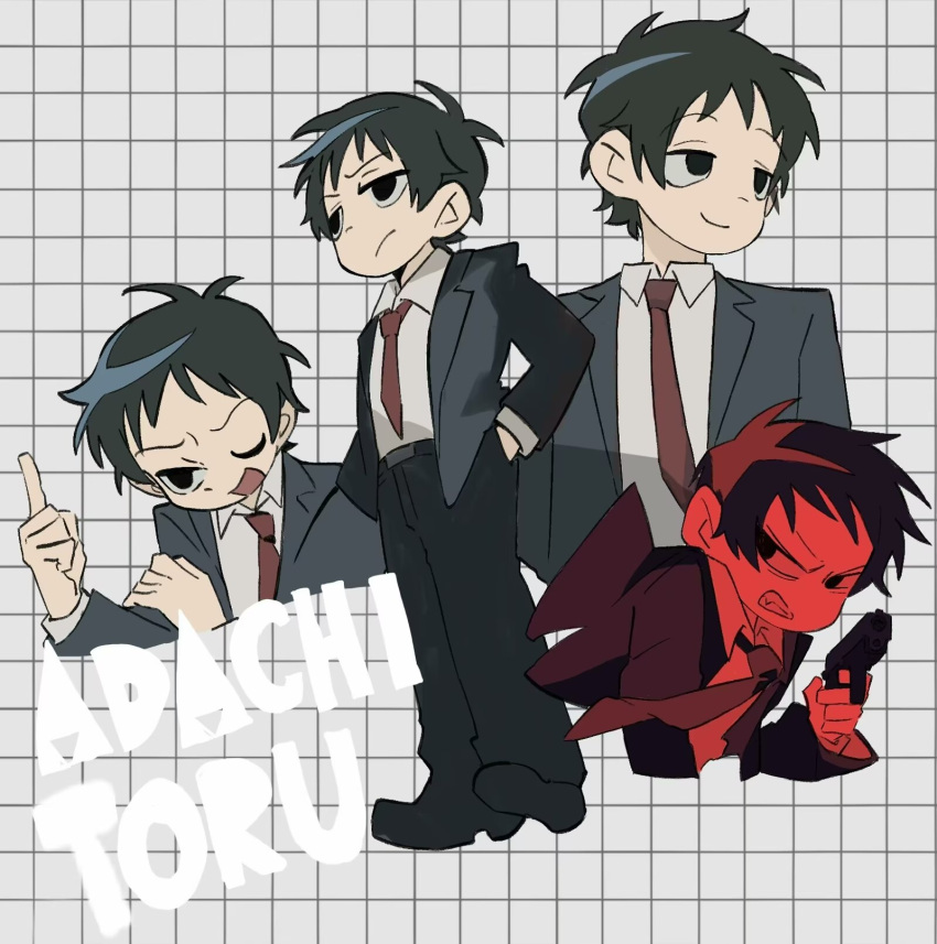 1boy, adachi_tooru, black_hair, business_suit, gun, hamusitas, highres, holding