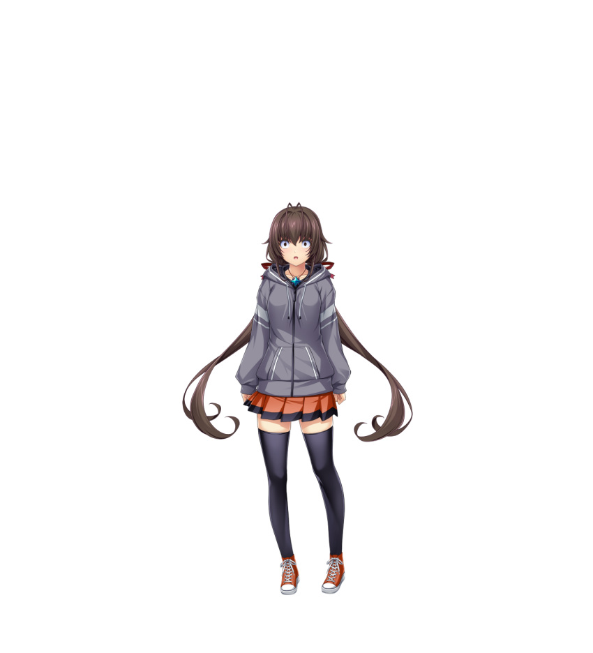 1girl, antenna_hair, black_thighhighs, blue_eyes, brown_hair, casual, constricted_pupils, floating_hair