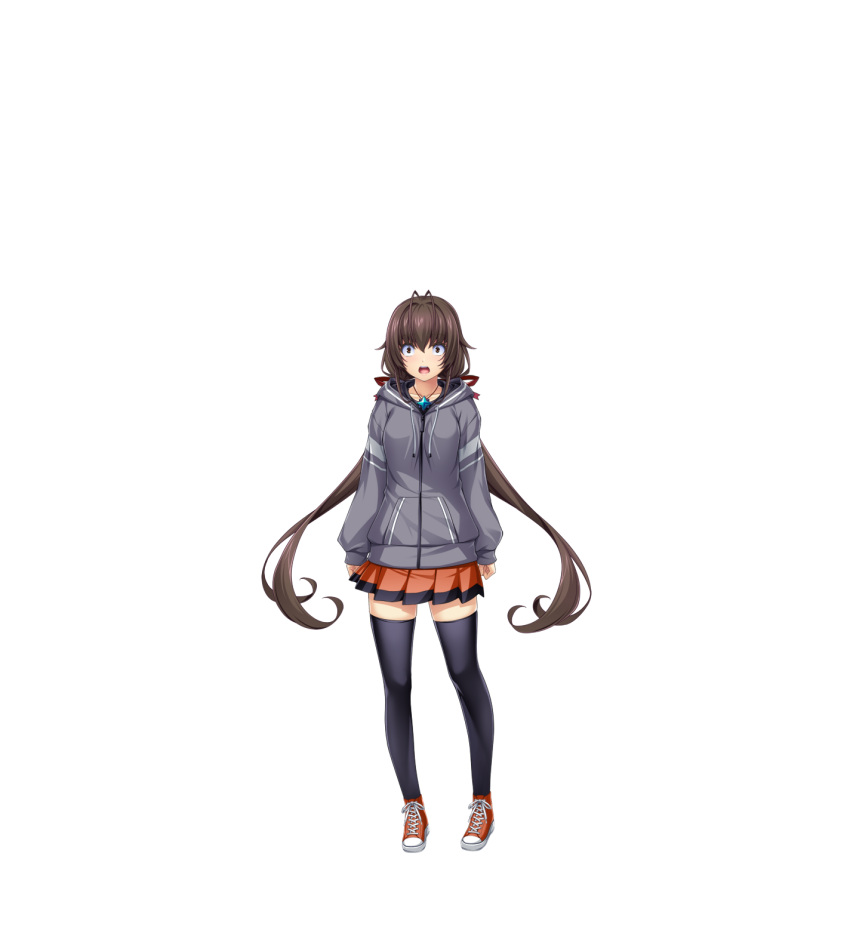 1girl, :d, antenna_hair, black_thighhighs, brown_hair, casual, floating_hair, full_body