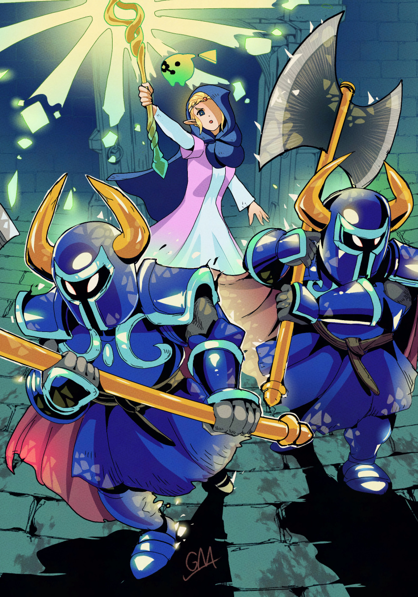 1girl, 2others, arm_up, armor, axe, battle_axe, blonde_hair, blue_cloak