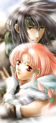 1boy, 1girl, bad_id, black_eyes, black_hair, circlet, deen_(fire_emblem:_thracia_776), dress