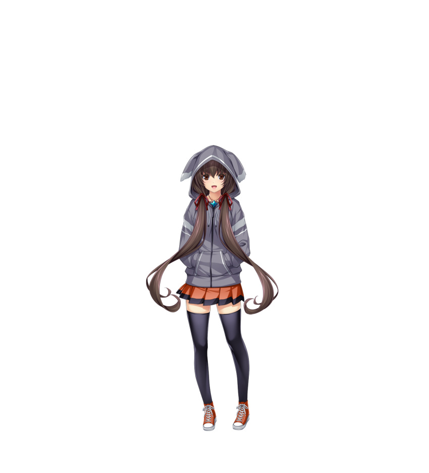 1girl, :d, animal_hood, aqua_gemstone, black_thighhighs, brown_eyes, brown_hair, casual