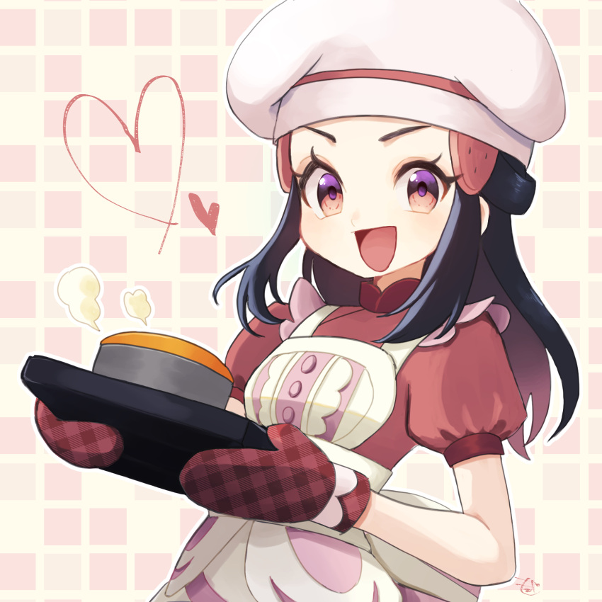 1girl, :d, apron, black_hair, chef_hat, commentary_request, dawn_(palentine's_2021)_(pokemon), dress