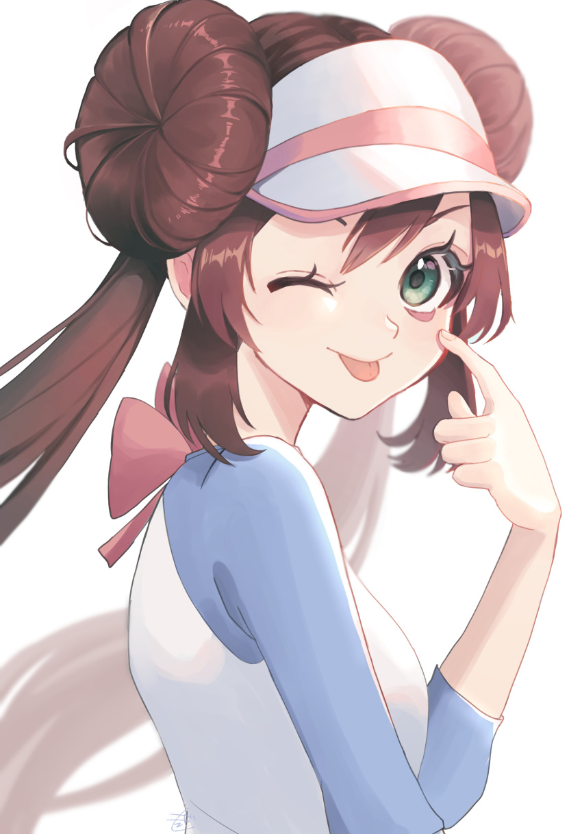 1girl, akanbe, brown_hair, closed_mouth, commentary_request, double_bun, eyelashes, eyelid_pull