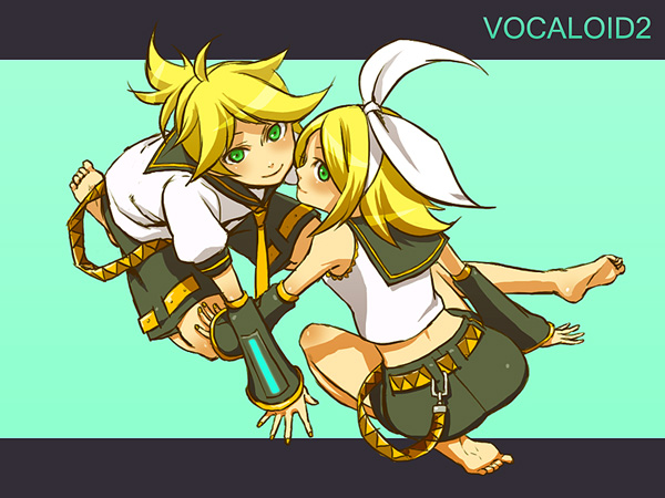 blonde_hair, bow, detached_sleeves, face, feet, from_above, green_eyes, hair_bow, kagamine_len, kagamine_rin, looking_up, siblings, sitting, tamtam, twins, vocaloid, wariza