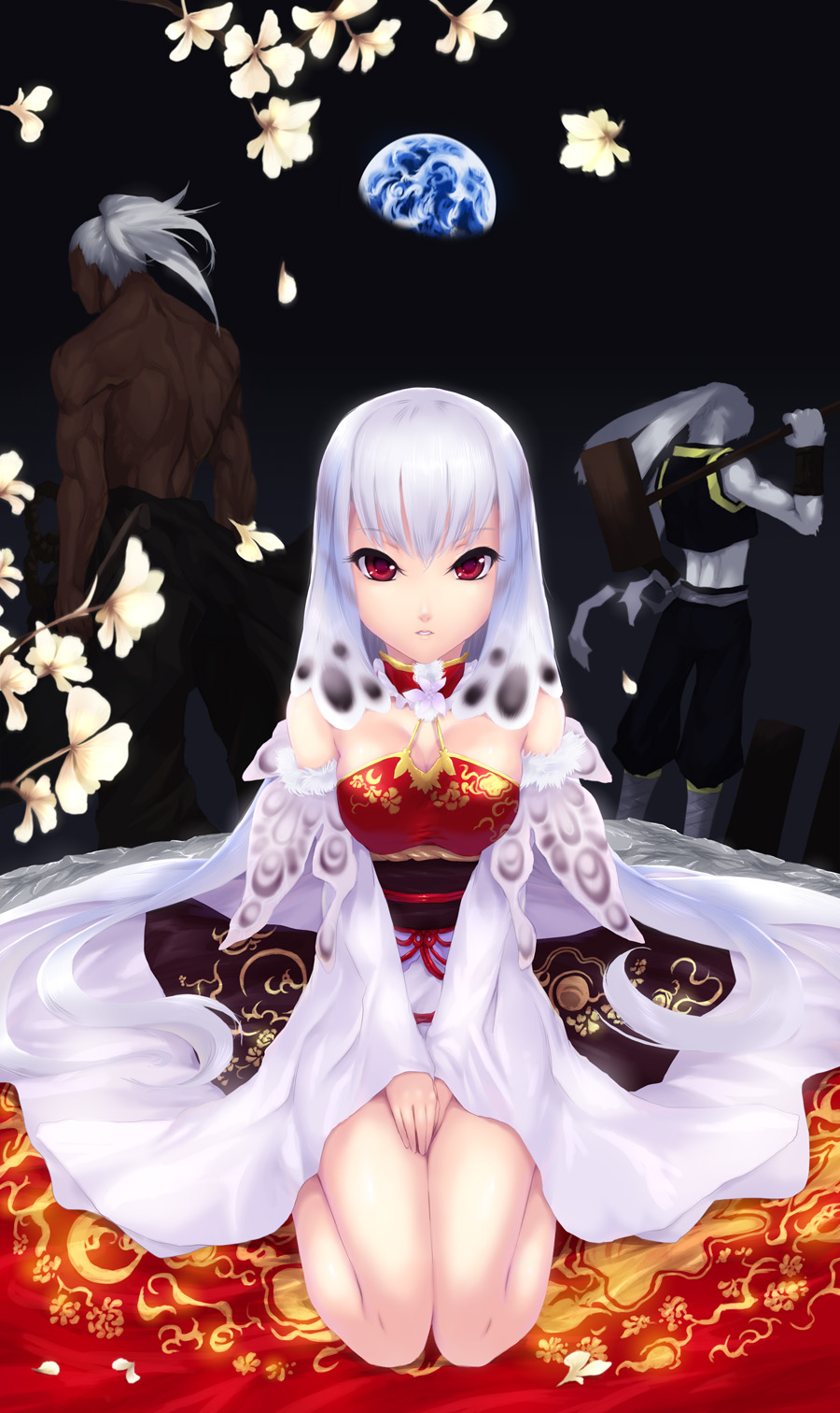 carpet, chang'e, chang'e, chinese_clothes, dark_skin, earth, flower, highres