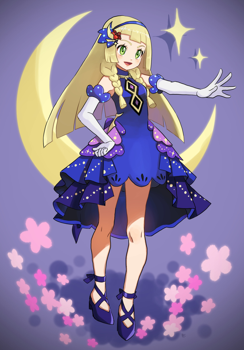 1girl, :d, blonde_hair, blue_hairband, blush, braid, commentary_request, dress