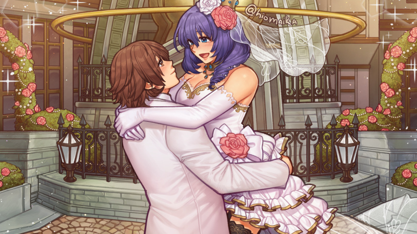 1boy, 1girl, ao_no_kiseki, bare_shoulders, blue_eyes, blue_hair, breasts, bridal_veil