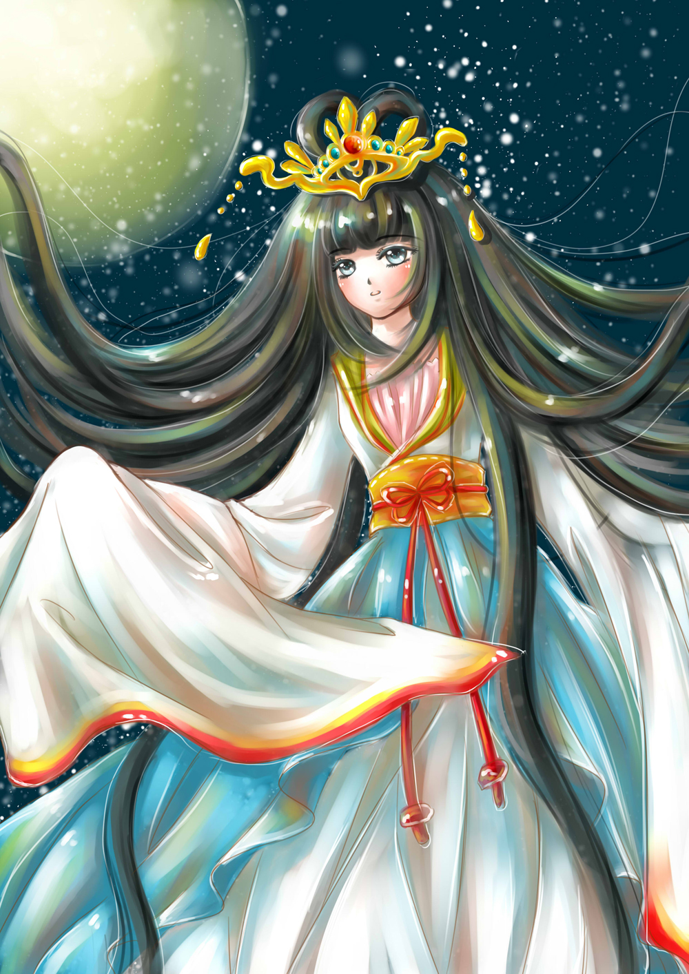 blue_eyes, chang'e, chang'e, chinese_clothes, gradient_hair, hair_ornament, hair_rings, highres