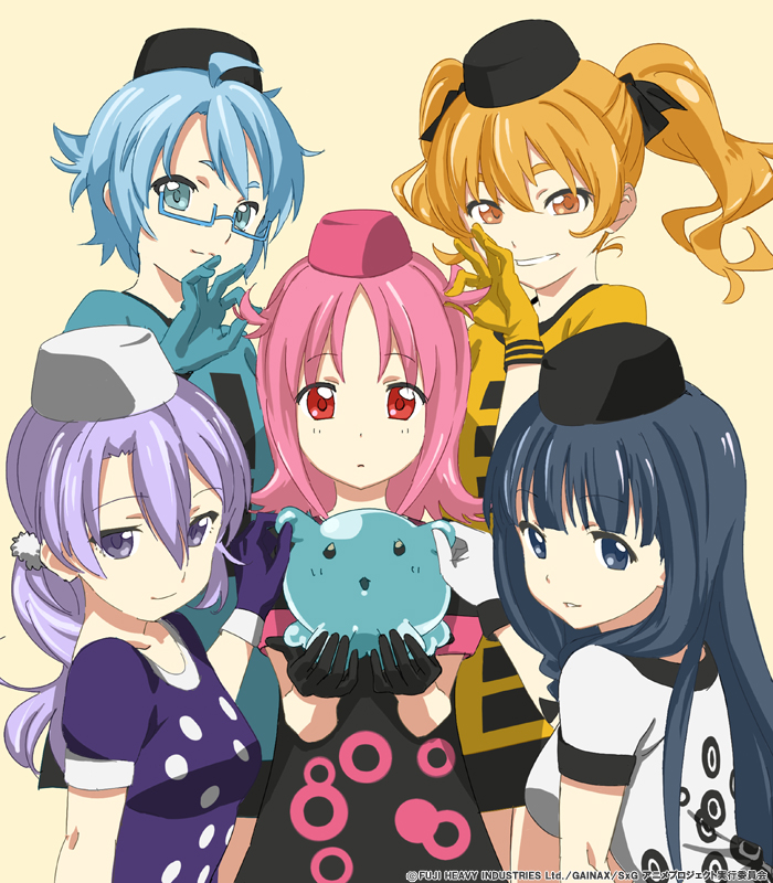 ahoge, aoi_(houkago_no_pleiades), black_hair, blonde_hair, blue_eyes, blue_hair, dress, gainaxtop