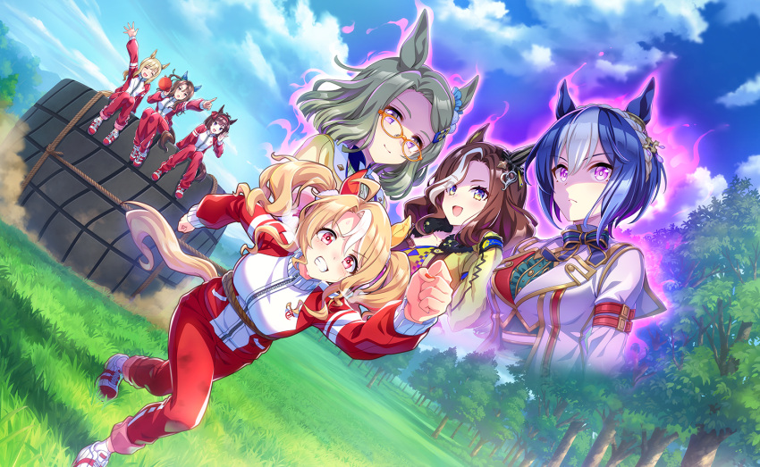 6+girls, air_messiah_(umamusume), alternate_costume, animal_ears, aura, bad_link, blonde_hair, breasts