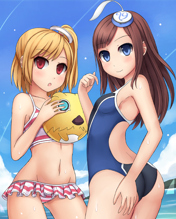 ass, bad_id, ball, beachball, bikini, bikini_skirt, blonde_hair, blue_eyes