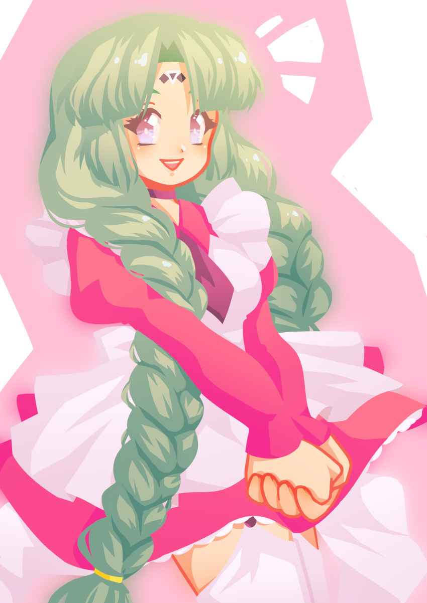 1girl, absurdres, apron, braid, canal_vorfeed, choker, dress, facial_mark, forehead_mark, green_hair, highres, long_hair, long_sleeves, looking_at_viewer, lost_universe, mechajuno, pink_dress, puffy_long_sleeves, puffy_sleeves, smile, solo, thigh-highs, violet_eyes