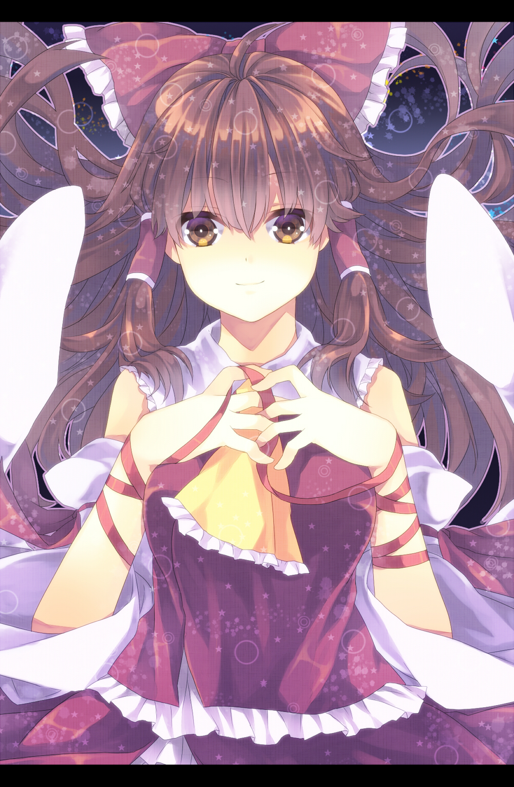 bad_id, bare_shoulders, bow, brown_eyes, brown_hair, detached_sleeves, detahced_sleeves, hair_bow, hair_ribbon, hakurei_reimu, highres, japanese_clothes, long_hair, miko, ribbon, shiitake_(artist), solo, touhou