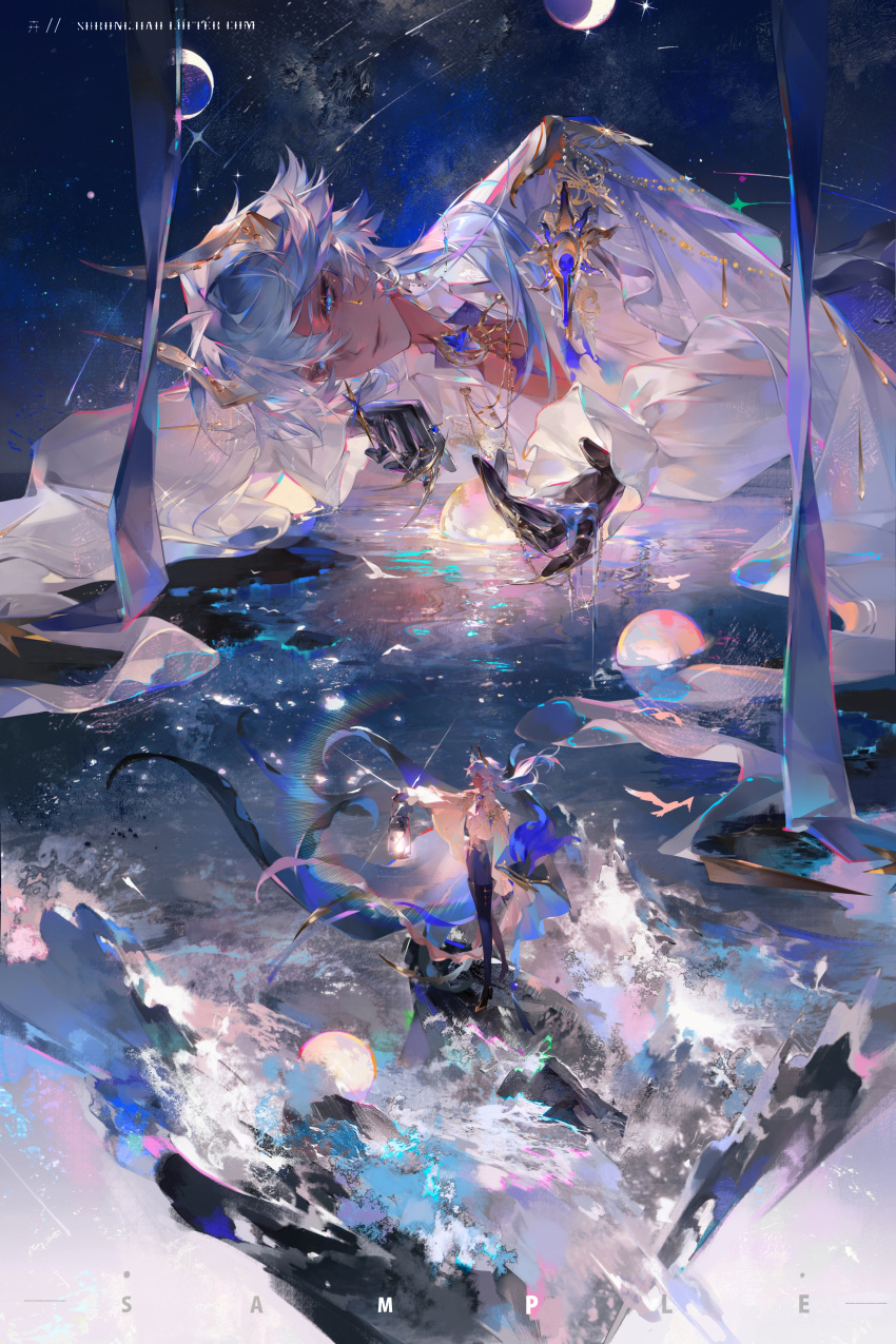 1boy, absurdres, black_gloves, black_pants, blue_eyes, cape, chinese_commentary, closed_mouth