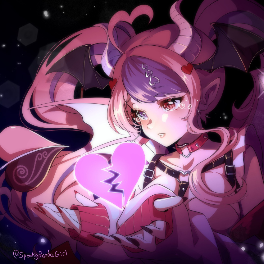 1girl, ahoge, black_nails, broken_heart, choker, closed_mouth, demon_girl, demon_horns, demon_wings, hair_ornament, head_wings, heart, heart_ahoge, heart_hair_ornament, heart_o-ring, heterochromia, highres, horns, indie_virtual_youtuber, ironmouse, ironmouse_(demon_form), jacket, long_hair, multicolored_hair, multiple_wings, nail_polish, o-ring, o-ring_choker, pink_choker, pink_eyes, pink_hair, pink_jacket, pink_shirt, pointy_ears, purple_hair, roisin, shirt, sidelocks, solo, streaked_hair, tears, twintails, very_long_hair, violet_eyes, virtual_youtuber, wings
