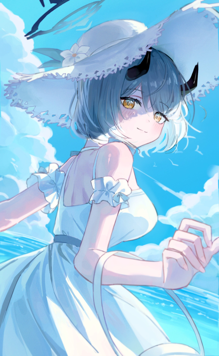 1girl, absurdres, arm_garter, back, bag, bare_shoulders, black_horns, blue_archive