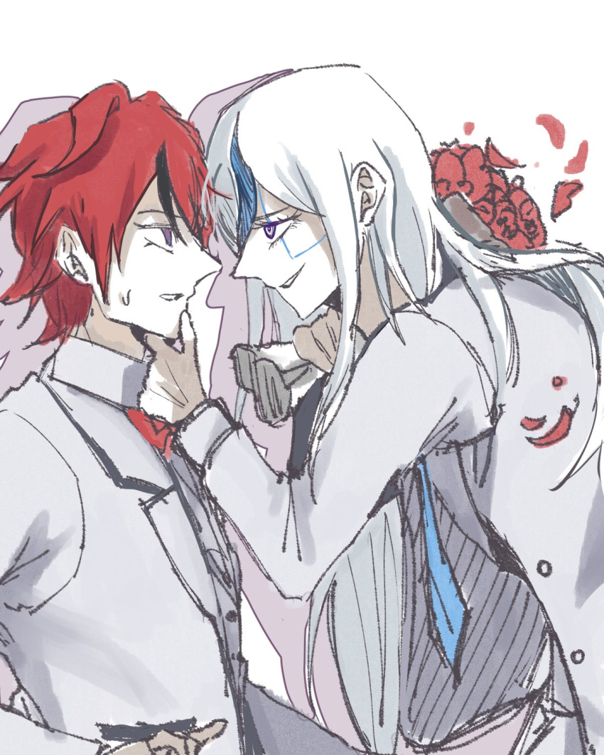 1boy, 1girl, ahoge, blue_eyes, bouquet, bumbamun, colored_skin, eye_contact