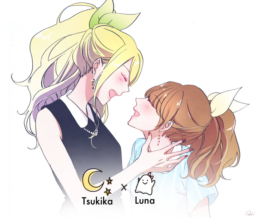 2girls, blonde_hair, blue_shirt, blush, character_name, chikai_luna_(hazuki_ruri), closed_eyes, collared_shirt, commentary_request, crescent, crescent_earrings, earrings, facing_another, fingernails, green_ribbon, hair_ribbon, hand_up, hara_tsukika_(hazuki_ruri), hazuki_ruri, highres, jewelry, long_hair, matching_earrings, multiple_girls, nail_polish, open_mouth, orange_hair, original, ponytail, red_nails, ribbon, shirt, signature, simple_background, sleeveless, sleeveless_shirt, smile, star_(symbol), star_earrings, striped_clothes, striped_shirt, teeth, upper_body, upper_teeth_only, vertical-striped_clothes, vertical-striped_shirt, white_background, yellow_ribbon, yuri