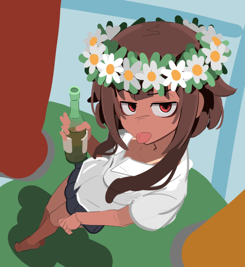 1girl, black_skirt, flower, hair_flower, hair_ornament, head_wreath, highres, kono_subarashii_sekai_ni_shukufuku_wo!, kurokimoko, megumin, midsommar, school_uniform, shirt, skirt, tan, tanlines, tongue, tongue_out, white_shirt