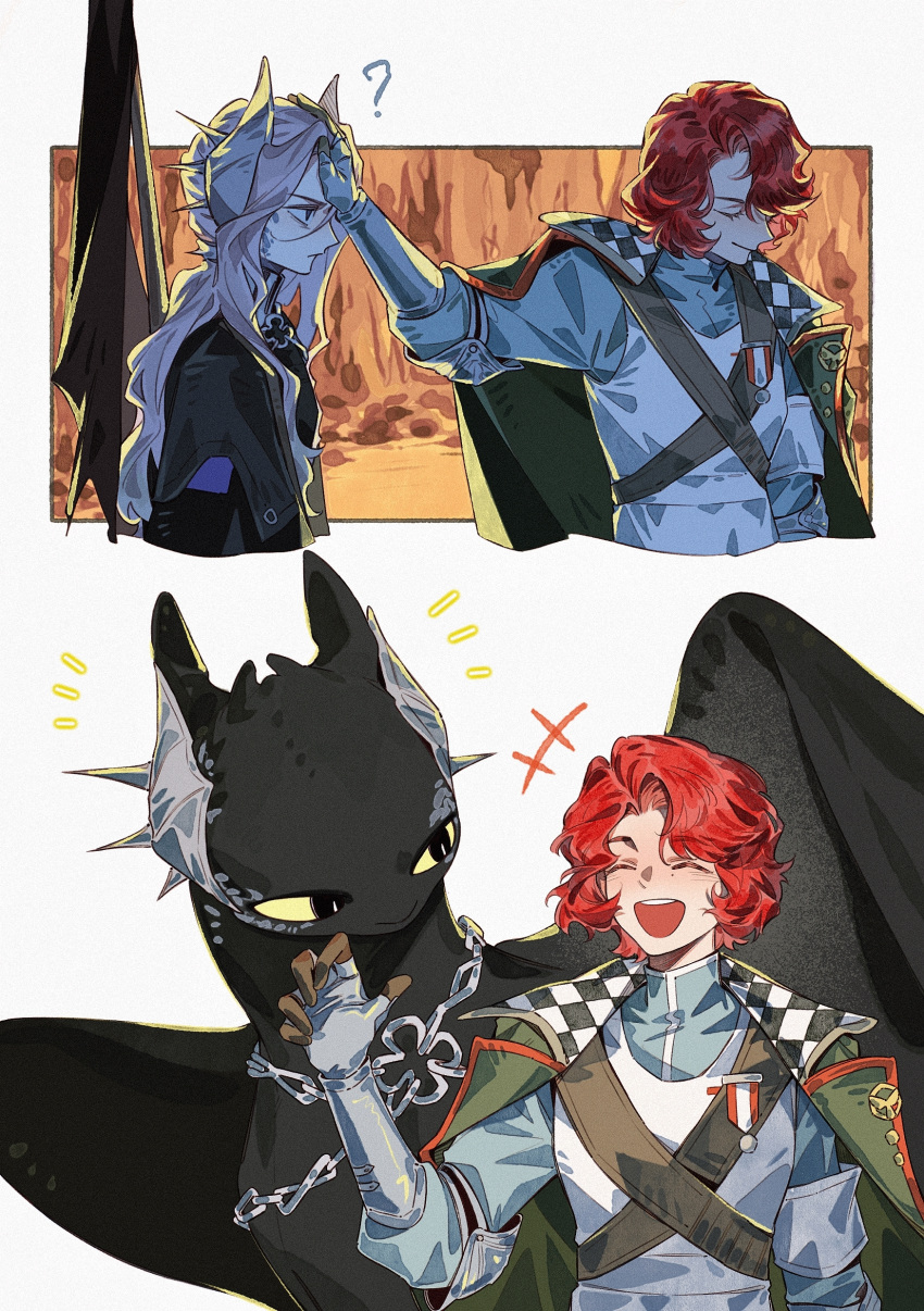 +++, 2girls, ?, ^_^, absurdres, badge, black_cape, black_jacket, blue_shirt, cape, closed_eyes, coat, coat_on_shoulders, couter, dragon, dress, gauntlets, green_coat, grey_hair, hair_ornament, hand_on_another's_forehead, hand_up, highres, how_to_train_your_dragon_(series), how_to_train_your_dragon_1, jacket, jo_jun, long_hair, looking_at_another, low_ponytail, marsha_(reverse:1999), military_uniform, monsterification, multiple_girls, open_mouth, ponytail, profile, red_hair, reverse:1999, sentinel_(reverse:1999), shirt, short_hair, shoulder_belt, smile, toothless, upper_body, western_dragon, white_dress