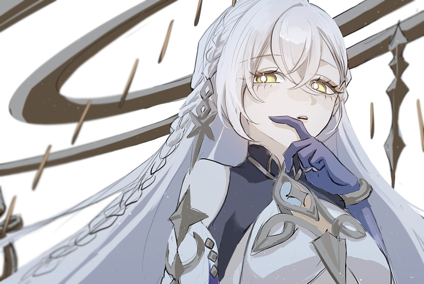 1girl, :o, braid, bright_pupils, colored_extremities, dress, genshin_impact, gradient_skin