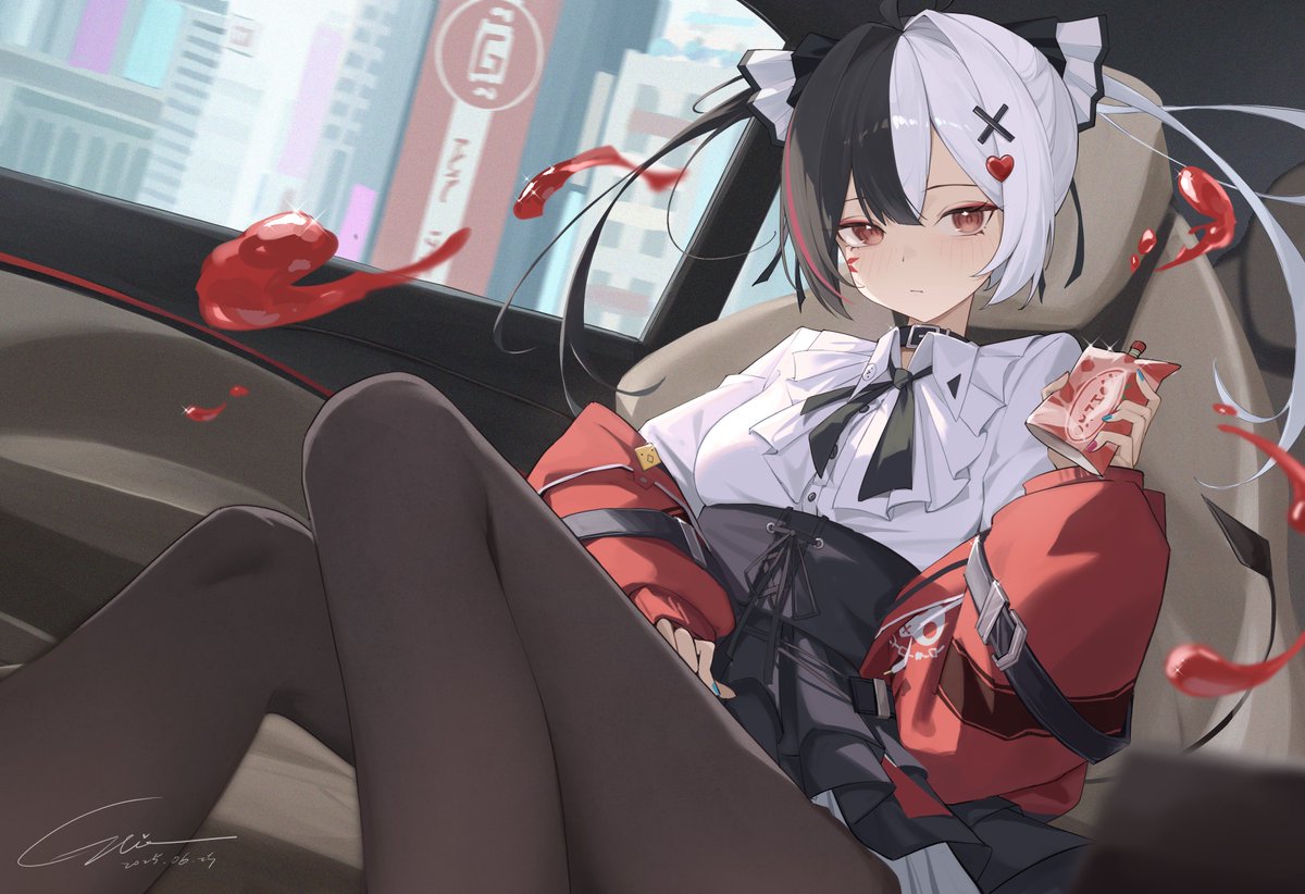 1girl, black_choker, black_hair, black_pantyhose, black_ribbon, black_skirt, car_interior, choker