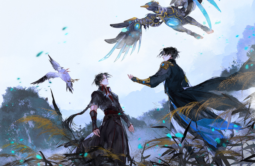 2boys, arm_guards, arms_at_sides, bird, black_boots, black_coat, black_eyes, black_gloves