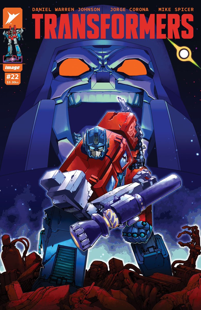 2boys, arm_cannon, autobot, blue_eyes, cannon, comic_cover, decepticon, english_commentary
